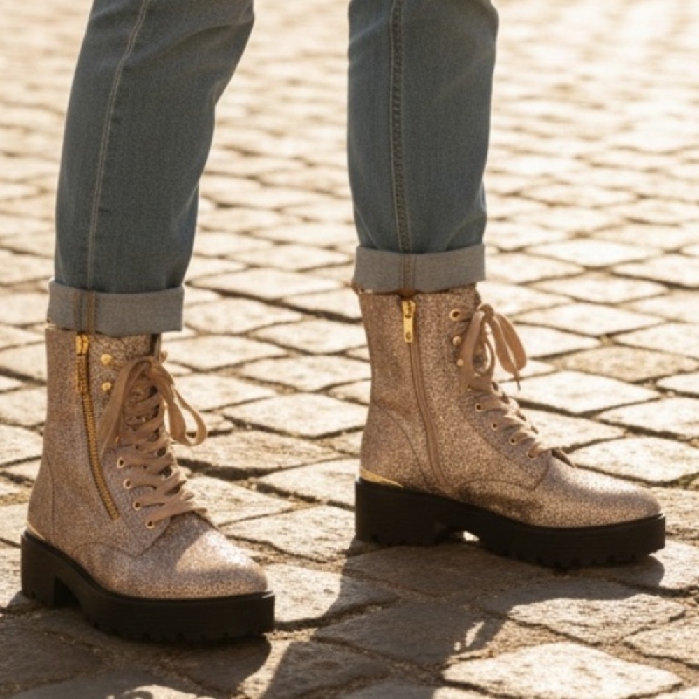Guess Fearne Lug Sole Glitter Gold combat Boots. Size 9 1/2. - NWOT